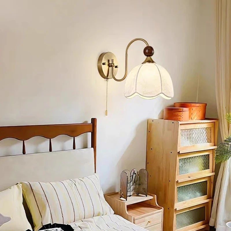 French Style Living Room Bedroom Bedside Wall Lamp Cable Switch Fabric Printing Lampshade Porch Aisle Background Lighting - Image 3