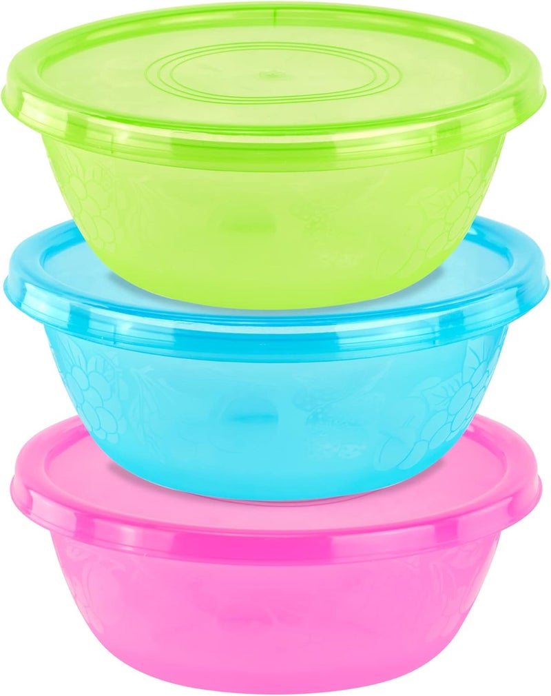 DecorRack DecorRack Serving Bowl with Lid Extra Large Bowl for Salad Snacks Dough Kneading Durable Big Plastic Mixing Bowl with Tight Lid Vibrant Party Decor Assorted 3 Containers  - Image 1