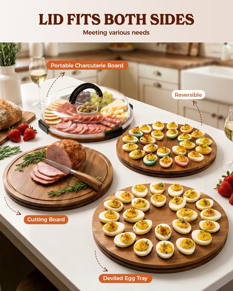 Sevenblue Acacia Wood Deviled Egg Containers with Lid and Handle, Portable Deviled Egg Platter for Easter, Potlucks & Party, Reversible Charcuterie Board Cutting Board - Image 3