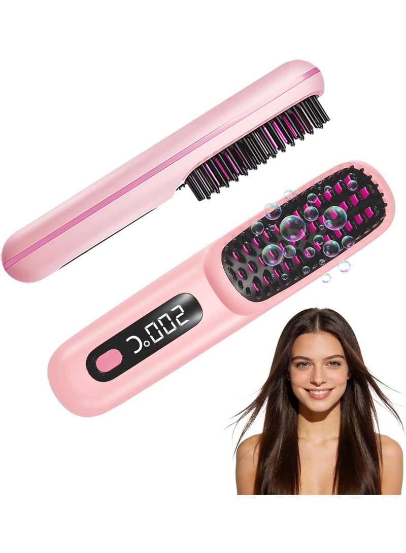 GUDOO Go Brush Pro 2026, Portable Straightener Brushs for Travel, with LCD Temperature Display, Fast Heating Cordless Mini Hair Brushs (Pink) - Image 1