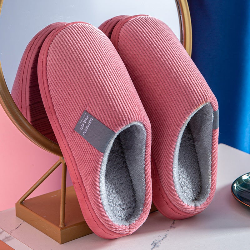 Winter Vertical Corduroy Home Warm Slippers Mens Couple Indoor Wooden Floor Slip-resistant Slippers Womens Outer Wear Slippers Ladies skin red