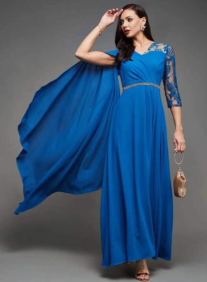 Miss Chase Miss Chase Blue Cape Sleeve Lace Insert Maxi Dress