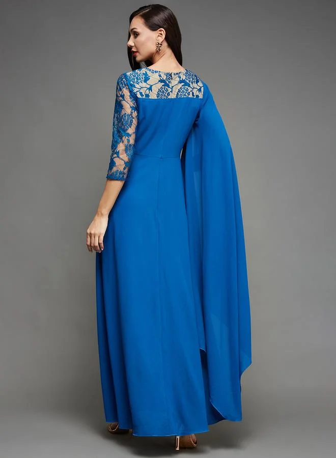 Miss Chase Miss Chase Blue Cape Sleeve Lace Insert Maxi Dress