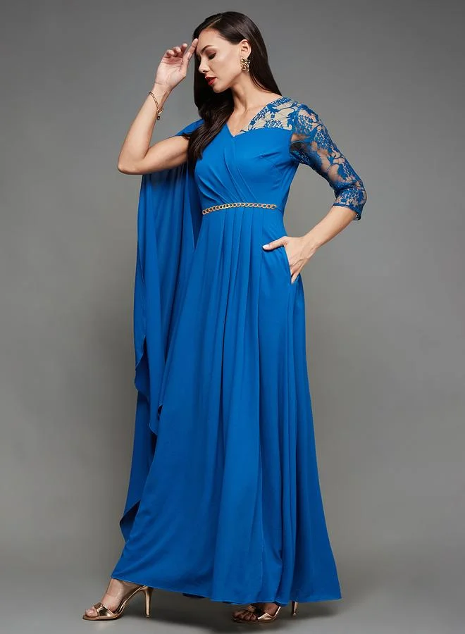 Miss Chase Miss Chase Blue Cape Sleeve Lace Insert Maxi Dress