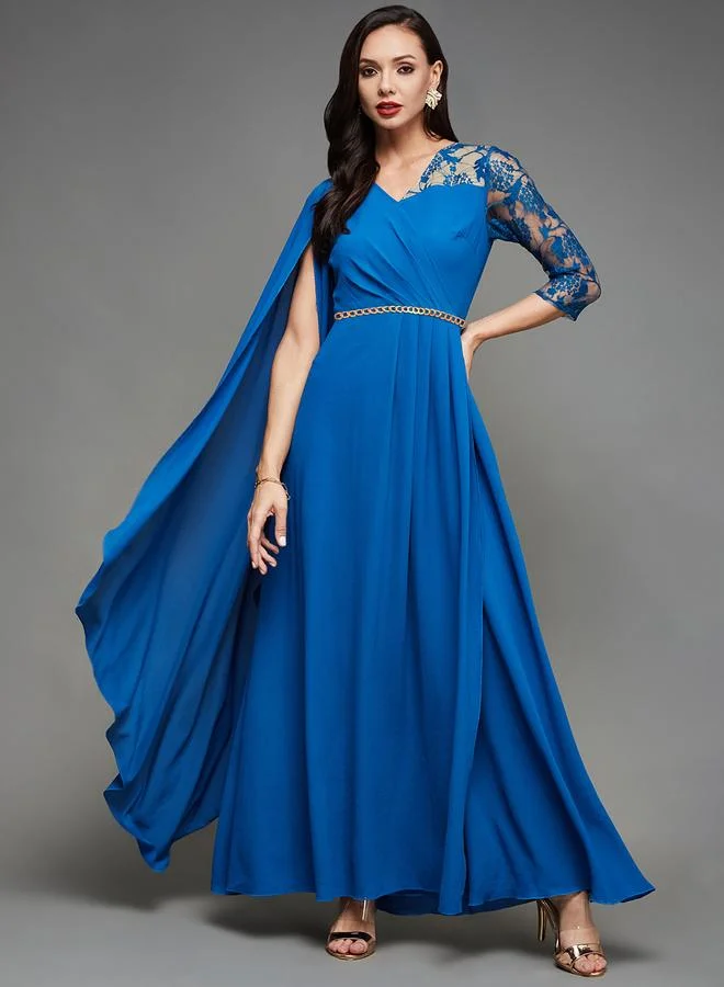 Miss Chase Miss Chase Blue Cape Sleeve Lace Insert Maxi Dress