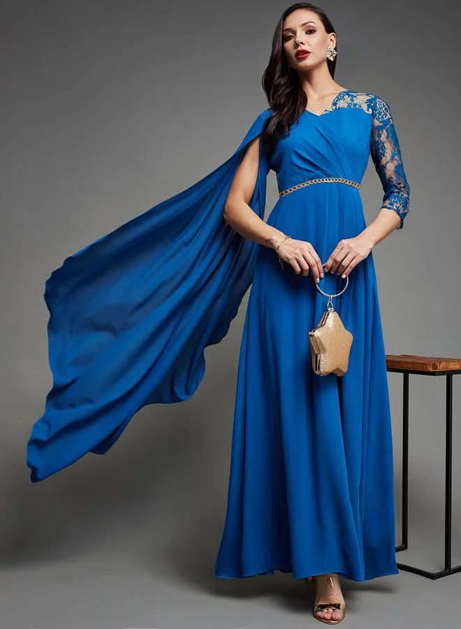 Miss Chase Miss Chase Blue Cape Sleeve Lace Insert Maxi Dress