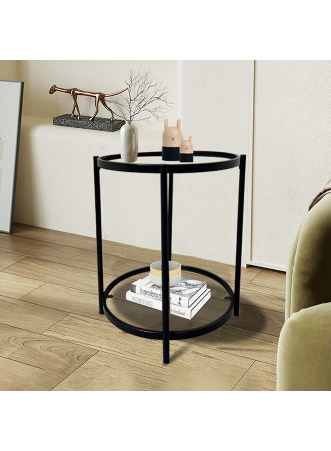 شويوين طاولة قهوة زجاجية من CHOIWIN مكونة من طبقتين، طاولة مركزية مستديرة كبيرة مع رف تخزين مفتوح، طاولة جانبية عصرية للمنزل والمكتب وغرفة المعيشة، لون أسود، 43*43*49 سم - Image 1