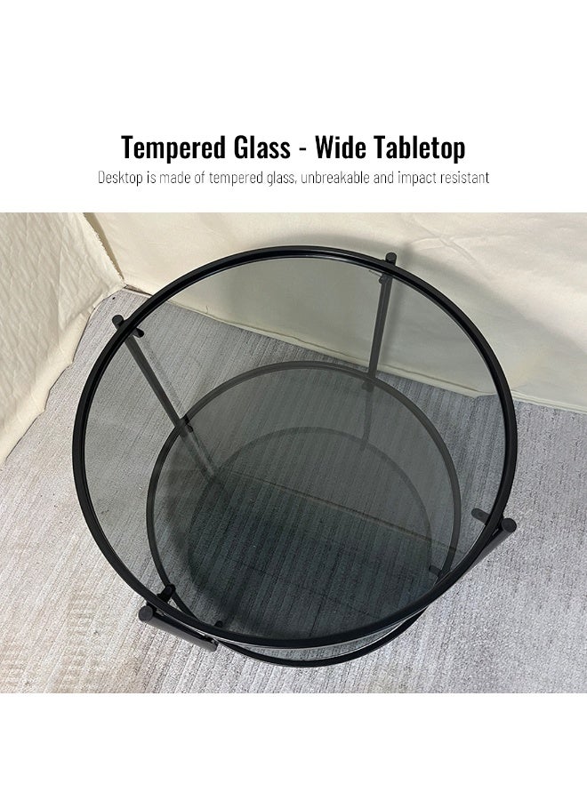 شويوين طاولة قهوة زجاجية من CHOIWIN مكونة من طبقتين، طاولة مركزية مستديرة كبيرة مع رف تخزين مفتوح، طاولة جانبية عصرية للمنزل والمكتب وغرفة المعيشة، لون أسود، 43*43*49 سم - Image 3