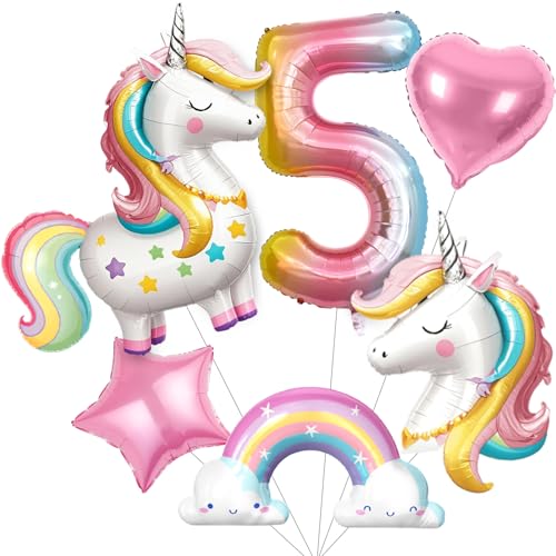 SNLN Unicorn 5th Birthday Party Decorations for Girls Large Self Standing 3D Unicorn Foil Balloons with Rainbow Heart Star Balloons Wedding Baby Shower Pink Party Supplies number 5 set - Image 1
