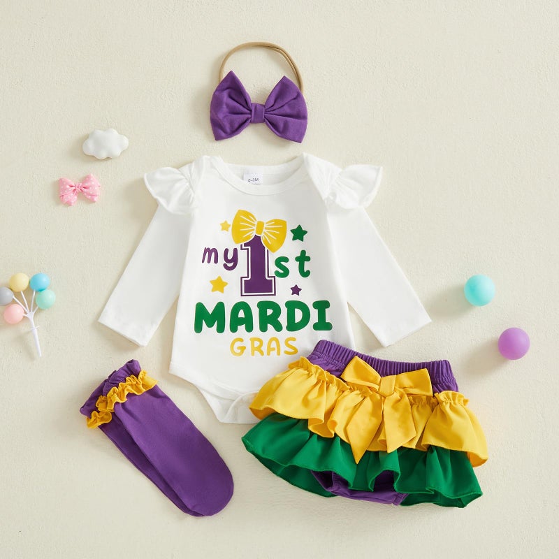 BeQeuewll Newborn Baby Girl Mardi Gras Outfit 1st Letter Long Sleeve Romper+Tutu Skirts+Leg Warmers+Headband 4Pcs Clothes (Mardi Gras, 6-9 Months) - Image 2