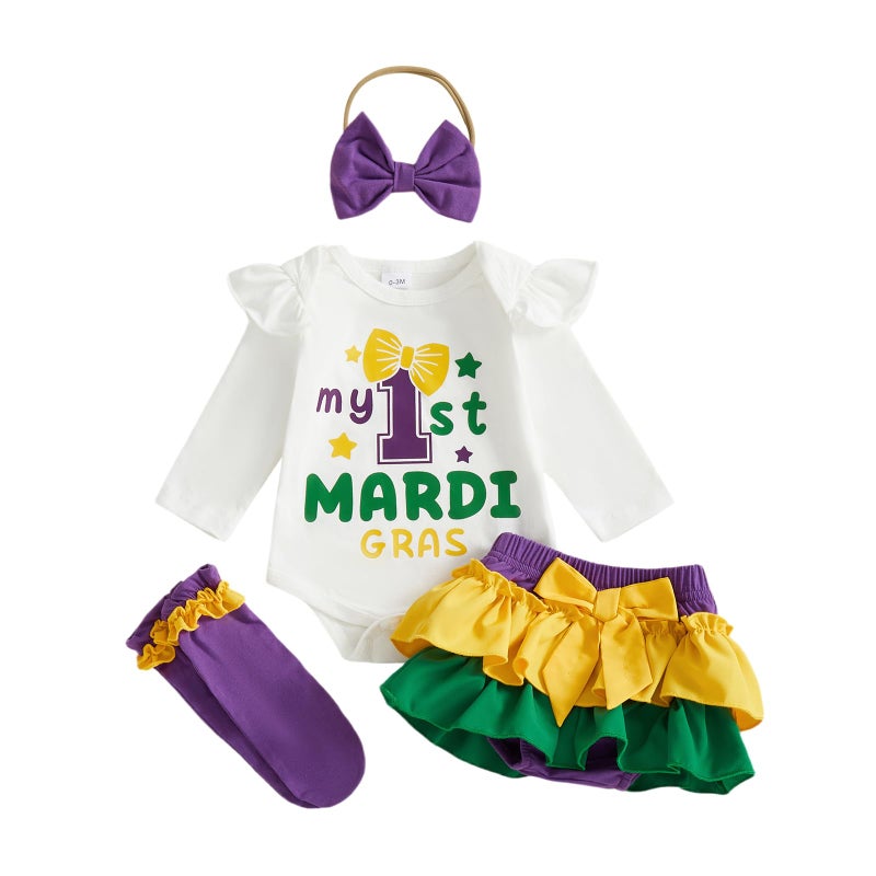 BeQeuewll Newborn Baby Girl Mardi Gras Outfit 1st Letter Long Sleeve Romper+Tutu Skirts+Leg Warmers+Headband 4Pcs Clothes (Mardi Gras, 6-9 Months) - Image 1