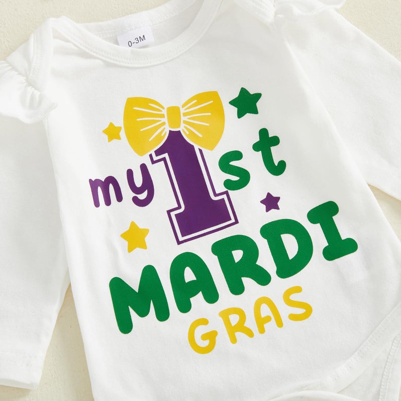 BeQeuewll Newborn Baby Girl Mardi Gras Outfit 1st Letter Long Sleeve Romper+Tutu Skirts+Leg Warmers+Headband 4Pcs Clothes (Mardi Gras, 6-9 Months) - Image 4