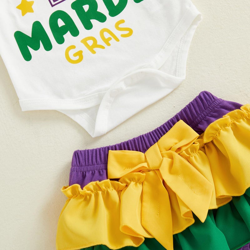 BeQeuewll Newborn Baby Girl Mardi Gras Outfit 1st Letter Long Sleeve Romper+Tutu Skirts+Leg Warmers+Headband 4Pcs Clothes (Mardi Gras, 6-9 Months) - Image 5