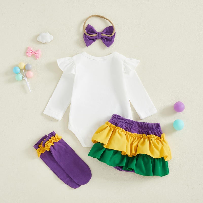 BeQeuewll Newborn Baby Girl Mardi Gras Outfit 1st Letter Long Sleeve Romper+Tutu Skirts+Leg Warmers+Headband 4Pcs Clothes (Mardi Gras, 6-9 Months) - Image 3
