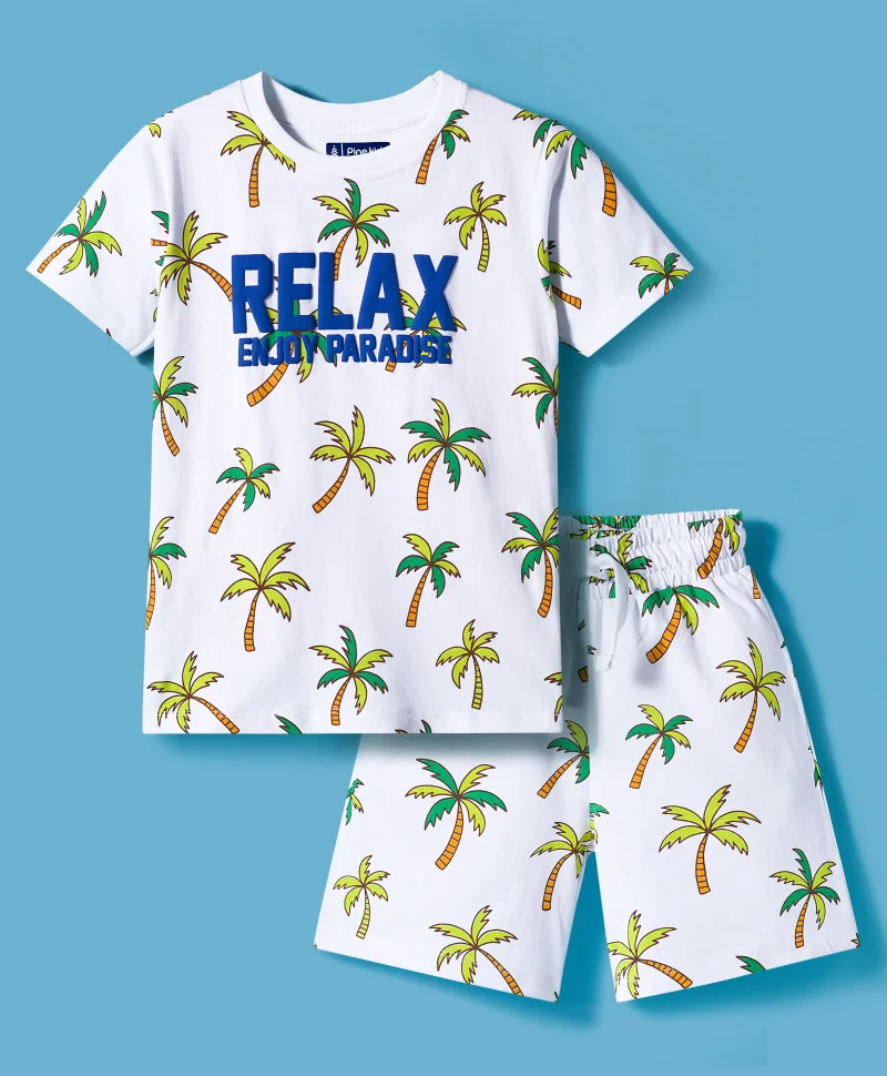 Pine Kids Pine Kids Single Jersey Knit Half Sleeves Shorts Night Suit With Text Print - White