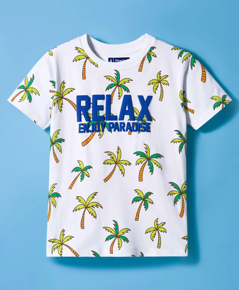 Pine Kids Pine Kids Single Jersey Knit Half Sleeves Shorts Night Suit With Text Print - White