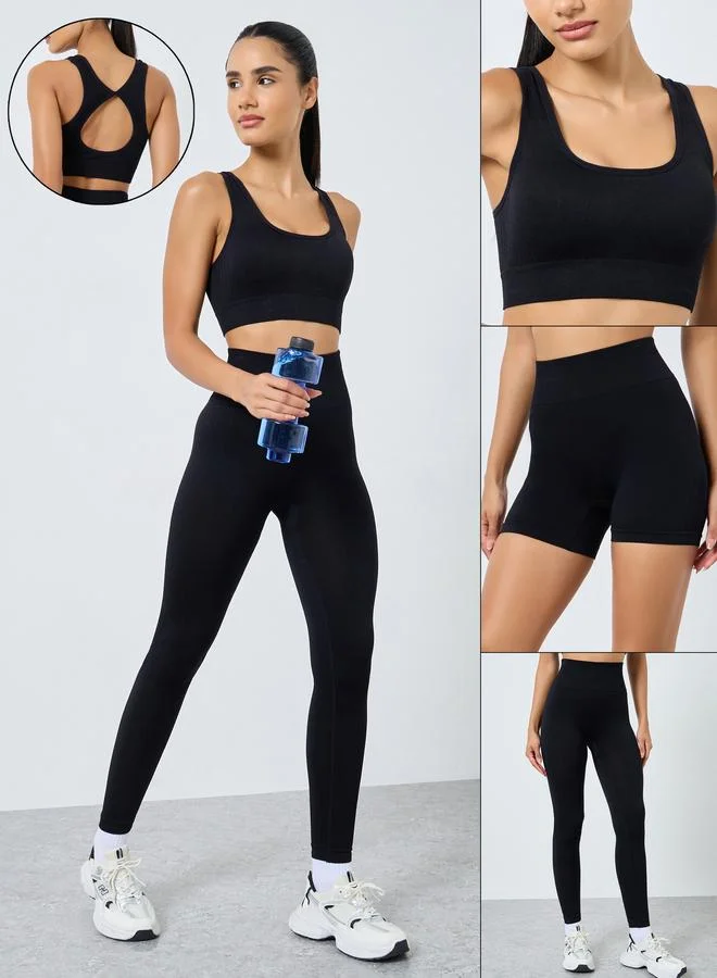 Styli Styli Pack of 3 - Tear Drop Racerback Sports Bra, Shorts and Scrunch Back Leggings