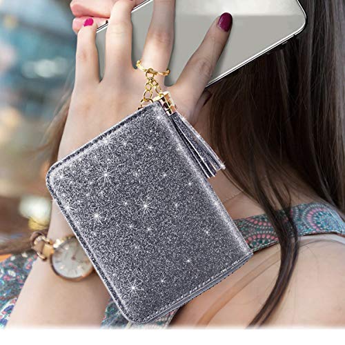 Coco Rossi Women's Small Credit Card Wallet RFID Cute Glitter Card Holder for Women, Grey - Image 5