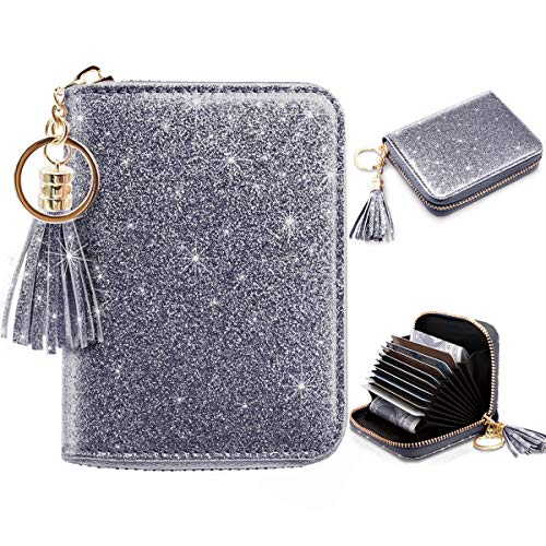 Coco Rossi Women's Small Credit Card Wallet RFID Cute Glitter Card Holder for Women, Grey - Image 1