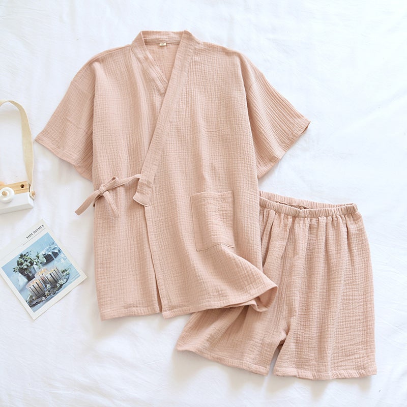 Japanese Style Couple Pajamas Thin Summer Pure Cotton Gauze Crepe Short-Sleeved Kimono Men's and Women's Home Clothes Cotton Suit Thin - Image 3