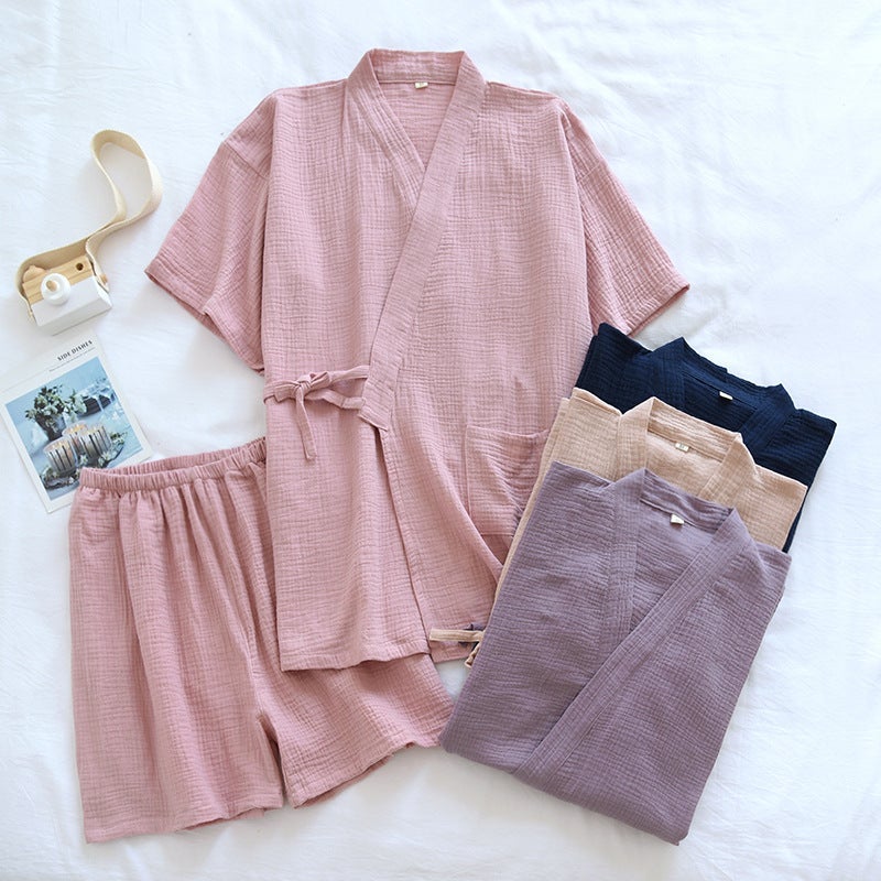 Japanese Style Couple Pajamas Thin Summer Pure Cotton Gauze Crepe Short-Sleeved Kimono Men's and Women's Home Clothes Cotton Suit Thin - Image 2