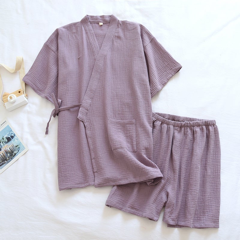 Japanese Style Couple Pajamas Thin Summer Pure Cotton Gauze Crepe Short-Sleeved Kimono Men's and Women's Home Clothes Cotton Suit Thin - Image 1