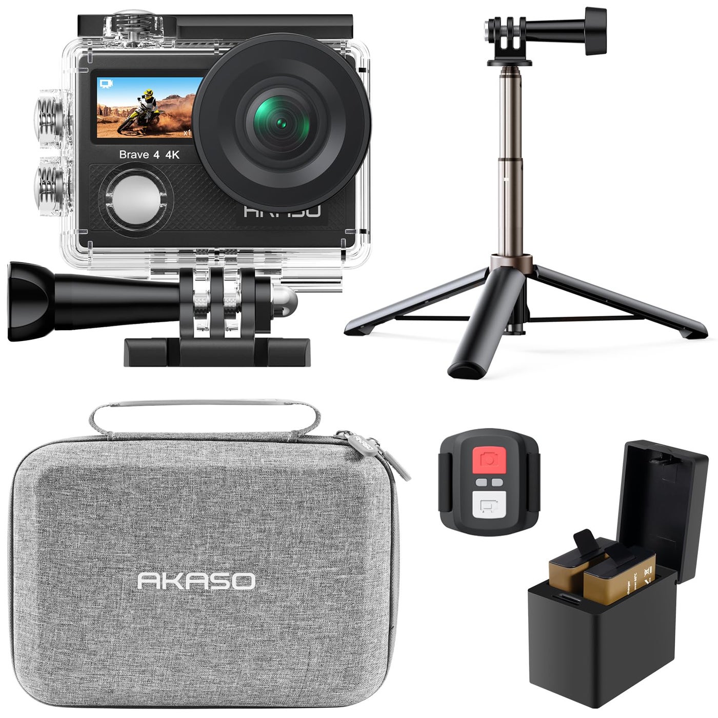AKASO Brave 4 Action Camera with Selfie Stick Tripod and Carrying Case Bundle - 4K30 20MP Ultra Hd EIS 131ft Underwater Camera 5xZoom Dual Screen with Helmet and Bicycle Accessories Kit