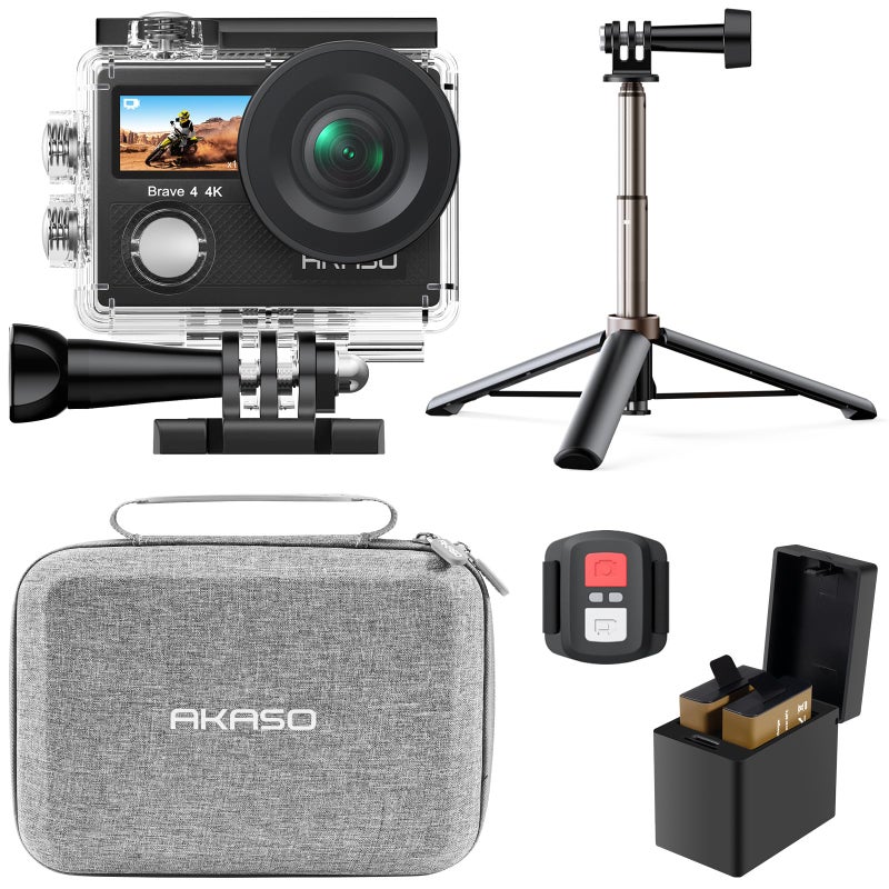 AKASO Brave 4 Action Camera with Selfie Stick Tripod and Carrying Case Bundle - 4K30 20MP Ultra Hd EIS 131ft Underwater Camera 5xZoom Dual Screen with Helmet and Bicycle Accessories Kit - Image 1