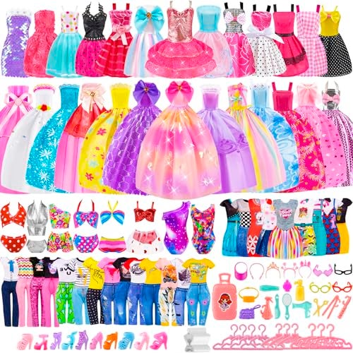 TQRAZ 110 Pcs Doll Clothes and Accessories Dress up Toys for Girls with Wedding Dresses Casual Dresses Casual Jumpsuit Swimsuits Bikini Glasses Shoes Hangers Doll Clothes Toys for Girl Gift - Image 1