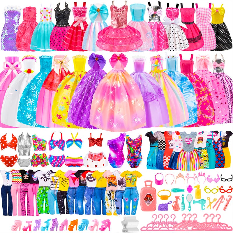 TQRAZ 110 Pcs Doll Clothes and Accessories Dress up Toys for Girls with Wedding Dresses Casual Dresses Casual Jumpsuit Swimsuits Bikini Glasses Shoes Hangers Doll Clothes Toys for Girl Gift - Image 2