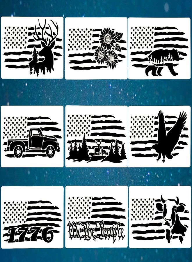 KUANSHENG 9 Pcs American Flag Stencils, We The People Stencils Deer 1776 Stencils Cow Bear Sunflower Stencils for Painting on Wood Canvas Walls Fabric Wood Burning Stencils Patriotic Stencils (8.3"x11.7") - Image 1