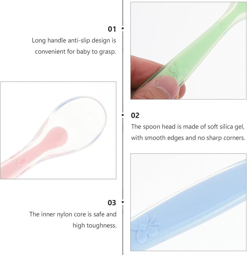 3Pcs Soft Silicone Baby Spoons For Self Feeding Weaning Training Safe Rounded Heads Non Slip Handle Pink Green Blue - Image 4