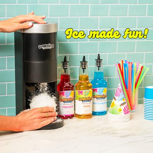 Hawaiian Shaved Ice HomePro Shaved Ice and Snow Cone Machine Kit, 6-16oz. Syrup Flavors Cherry, Grape, Blue Raspberry, Tiger’s Blood, Lemon-Lime, Pina Colada, 50 spoon straws, 6 black pour spouts - Image 2