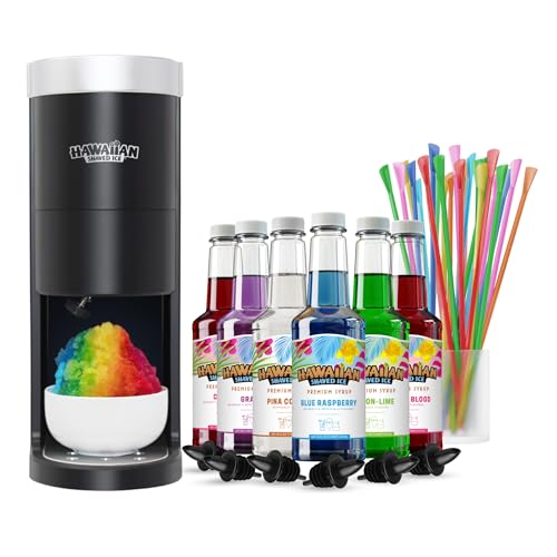 Hawaiian Shaved Ice HomePro Shaved Ice and Snow Cone Machine Kit, 6-16oz. Syrup Flavors Cherry, Grape, Blue Raspberry, Tiger’s Blood, Lemon-Lime, Pina Colada, 50 spoon straws, 6 black pour spouts - Image 1