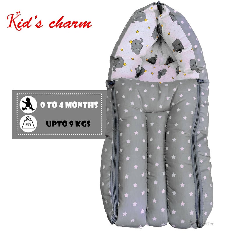 Kid's Charm مجموعة 4 قطع من الفيل الساحر للأطفال 3 في 1 سرير حمل الأطفال 5 في 1 وسادة تغذية الأطفال مع حزام الأمان 2 في 1 قطن الأطفال مع شبكة البعوض 2 في 1 سرير نوم الأطفال لمدة 04 أشهر رمادي - Image 4