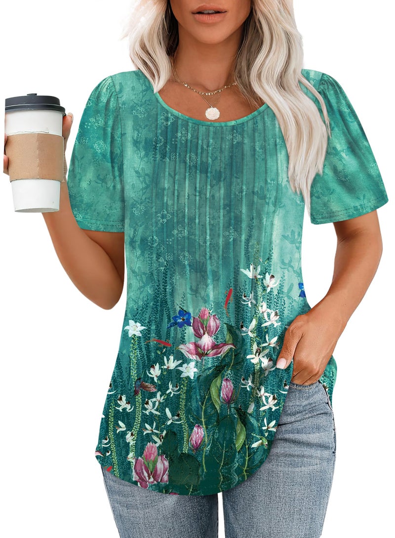 OFEEFAN Ladies Tops and Blouses Short Sleeve Scooped Neck Basic Dressy Casual T Shirts Summer Outfits Trendy Plus Size Women's Clothing Floral Teal XL - Image 1