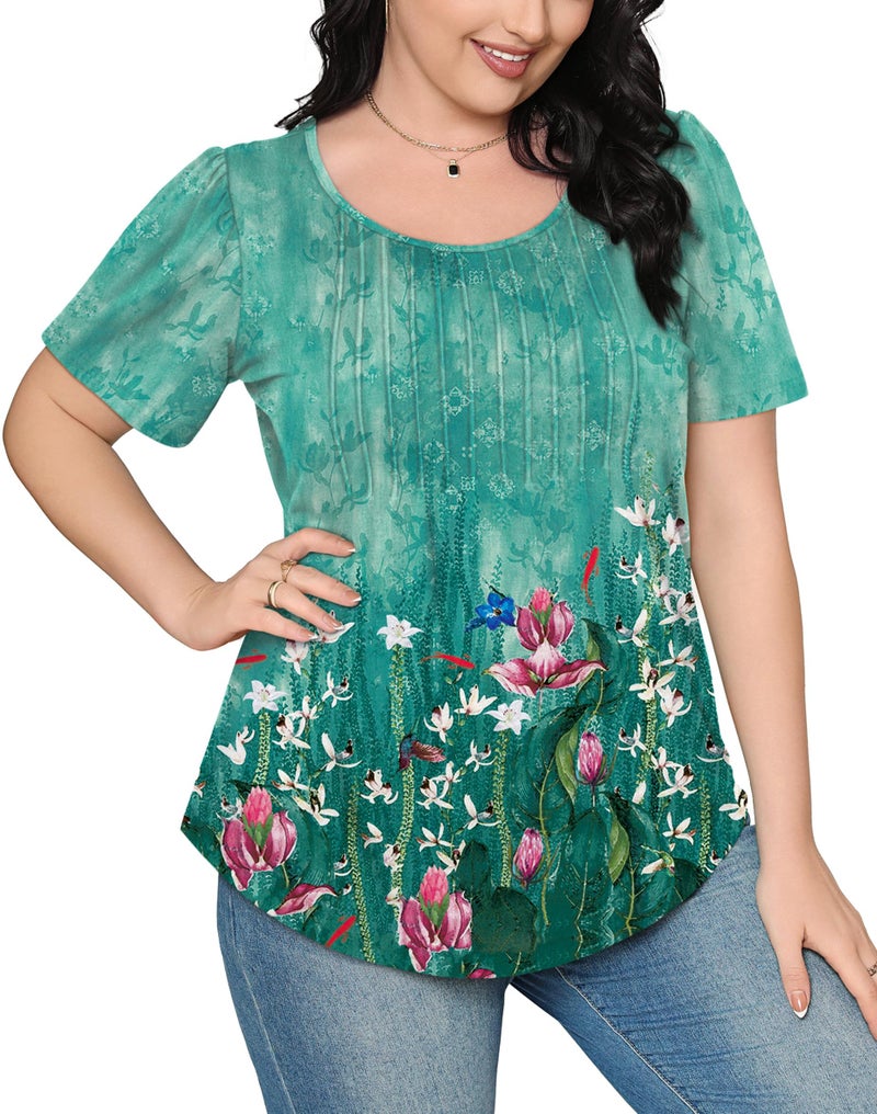 OFEEFAN Ladies Tops and Blouses Short Sleeve Scooped Neck Basic Dressy Casual T Shirts Summer Outfits Trendy Plus Size Women's Clothing Floral Teal XL - Image 4