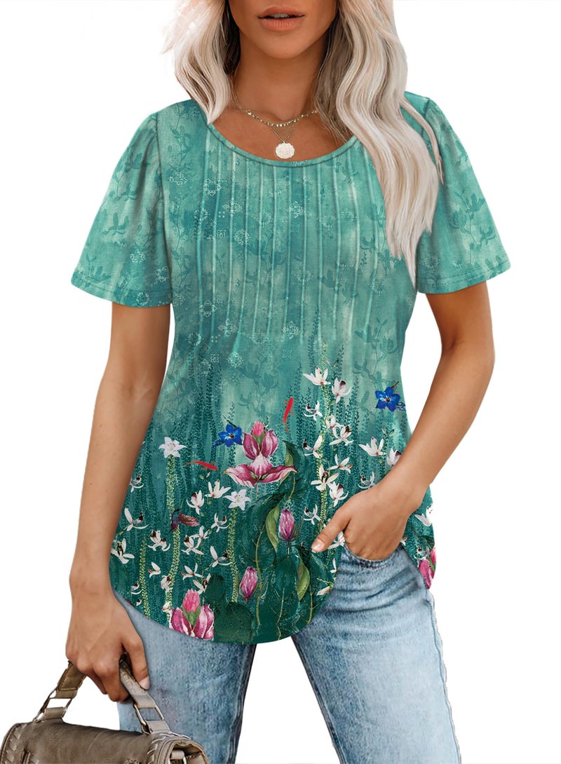 OFEEFAN Ladies Tops and Blouses Short Sleeve Scooped Neck Basic Dressy Casual T Shirts Summer Outfits Trendy Plus Size Women's Clothing Floral Teal XL - Image 2