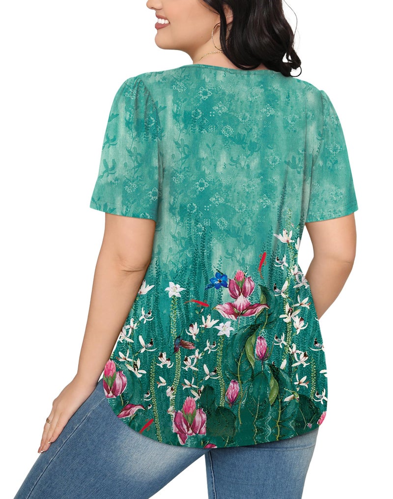 OFEEFAN Ladies Tops and Blouses Short Sleeve Scooped Neck Basic Dressy Casual T Shirts Summer Outfits Trendy Plus Size Women's Clothing Floral Teal XL - Image 5