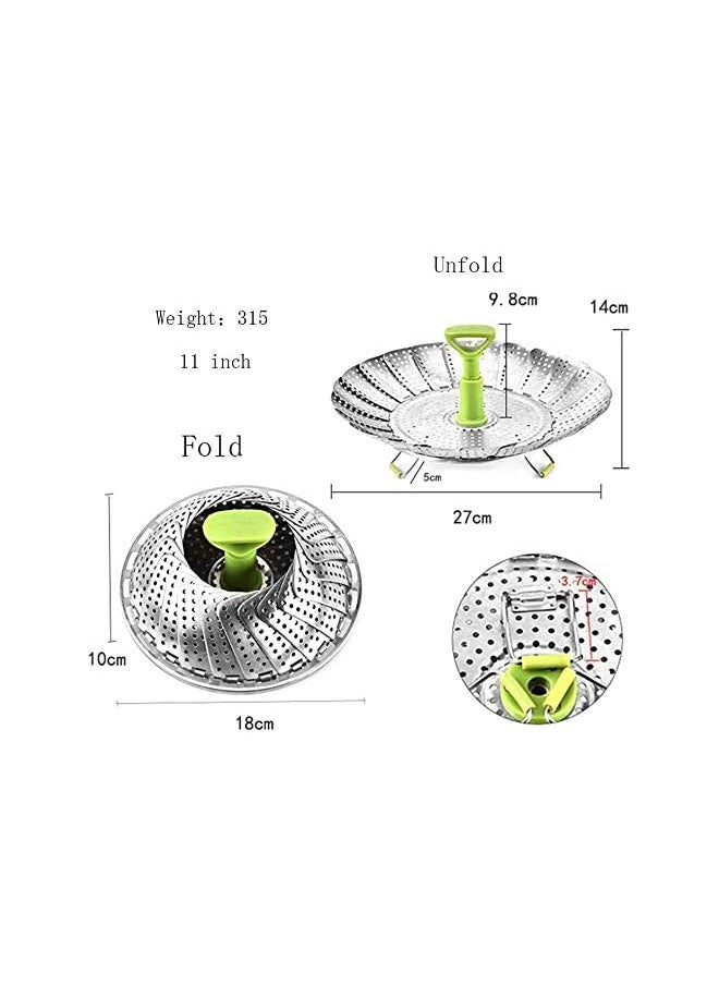 PROMASS - Basket Stainless Steel Vegetable Steamer Basket Folding Steamer Insert for Veggie Fish Seafood Cooking for Herbs, Chicken, Meat & Vegetables with Oven Mitts (11 in) - Image 1