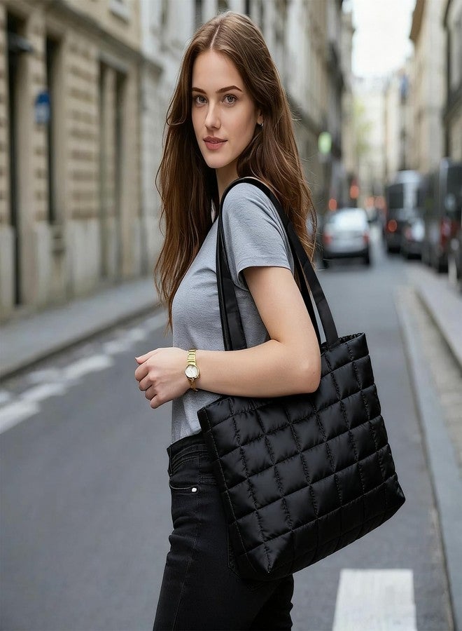 TPQKA Tote Bag for Women, Puffer Work Handbag 13.7 Inch Laptop Purse, Lightweight Carryall Puffer Shoulder Bag Handbag Large Quilted Travel Tote Shoulder Bag for College Office Clinical Gym, Black - Image 3