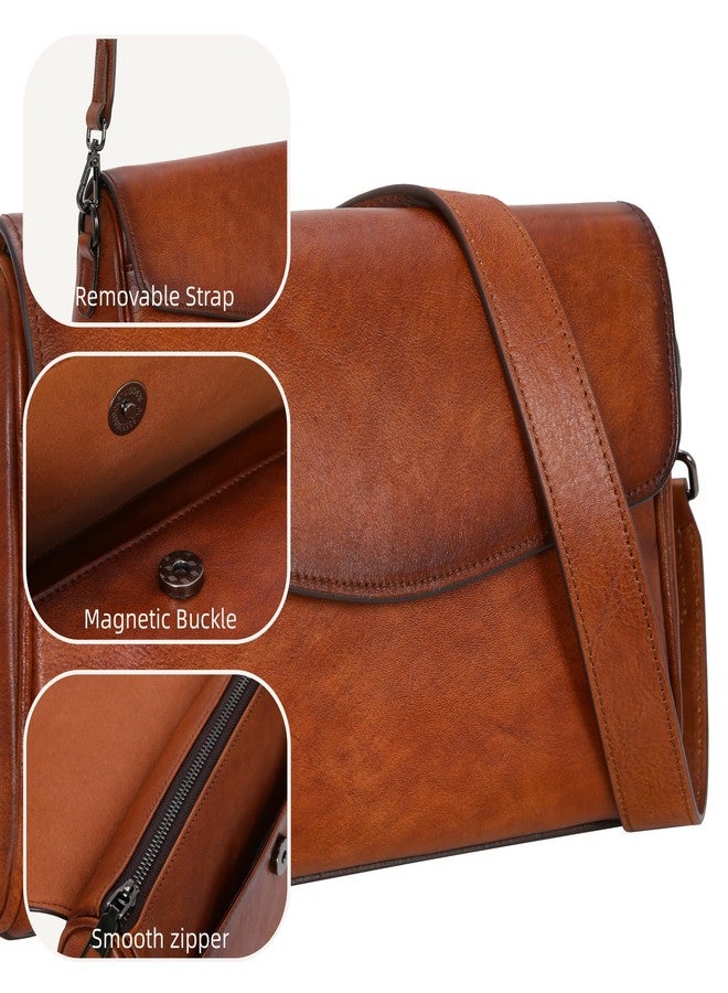 Iswee Brown Leather Crossbody Bag Shoulder Handbags for Women Genuine Leather Satchel Purse with Wide Strap Medium Size Travel (Brown) - Image 5