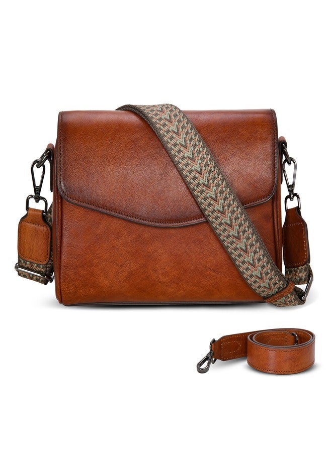 Iswee Brown Leather Crossbody Bag Shoulder Handbags for Women Genuine Leather Satchel Purse with Wide Strap Medium Size Travel (Brown) - Image 1