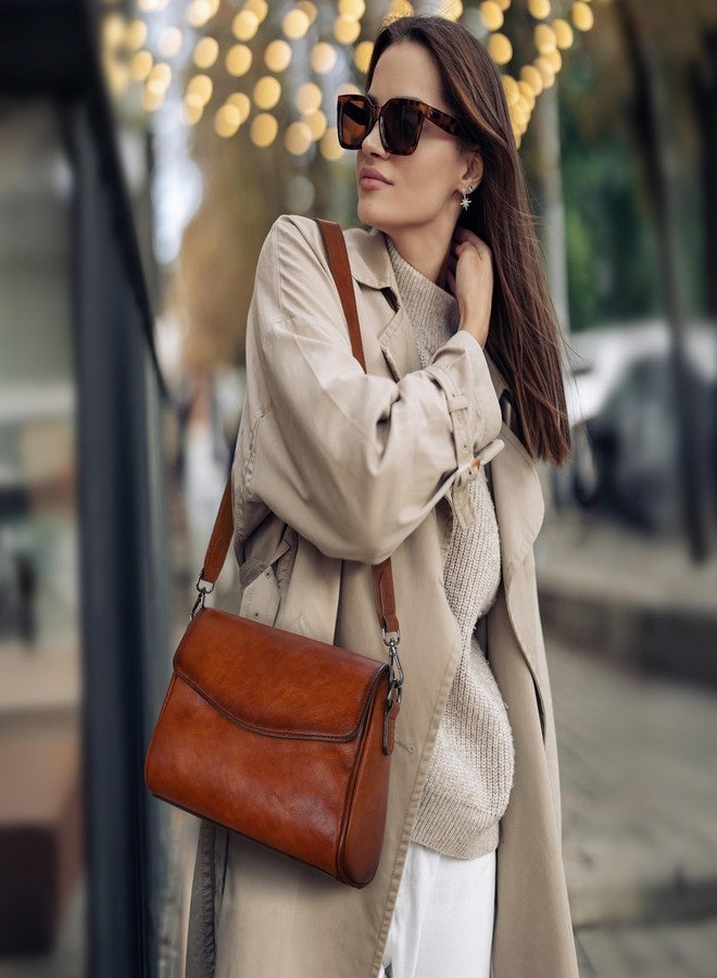 Iswee Brown Leather Crossbody Bag Shoulder Handbags for Women Genuine Leather Satchel Purse with Wide Strap Medium Size Travel (Brown) - Image 2
