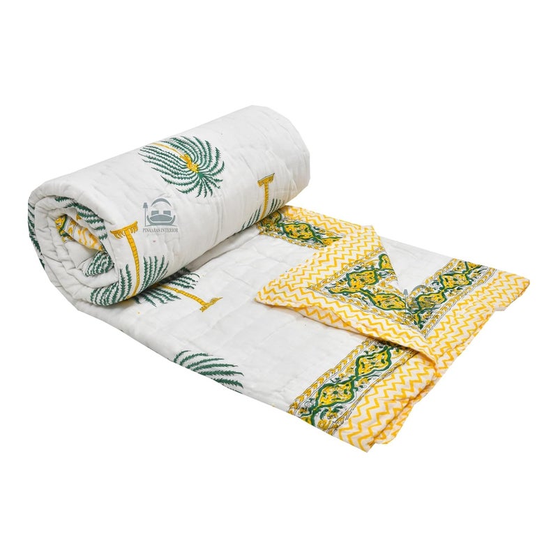AARMOZY Pure Cotton Single Bed Hand Block Floral Buta Print Quilt Blanket YellowGreen 60x90 inche - Image 2