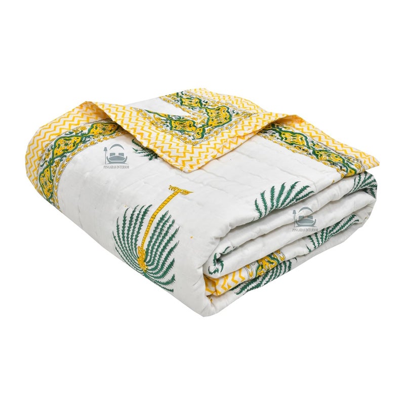 AARMOZY Pure Cotton Single Bed Hand Block Floral Buta Print Quilt Blanket YellowGreen 60x90 inche - Image 1