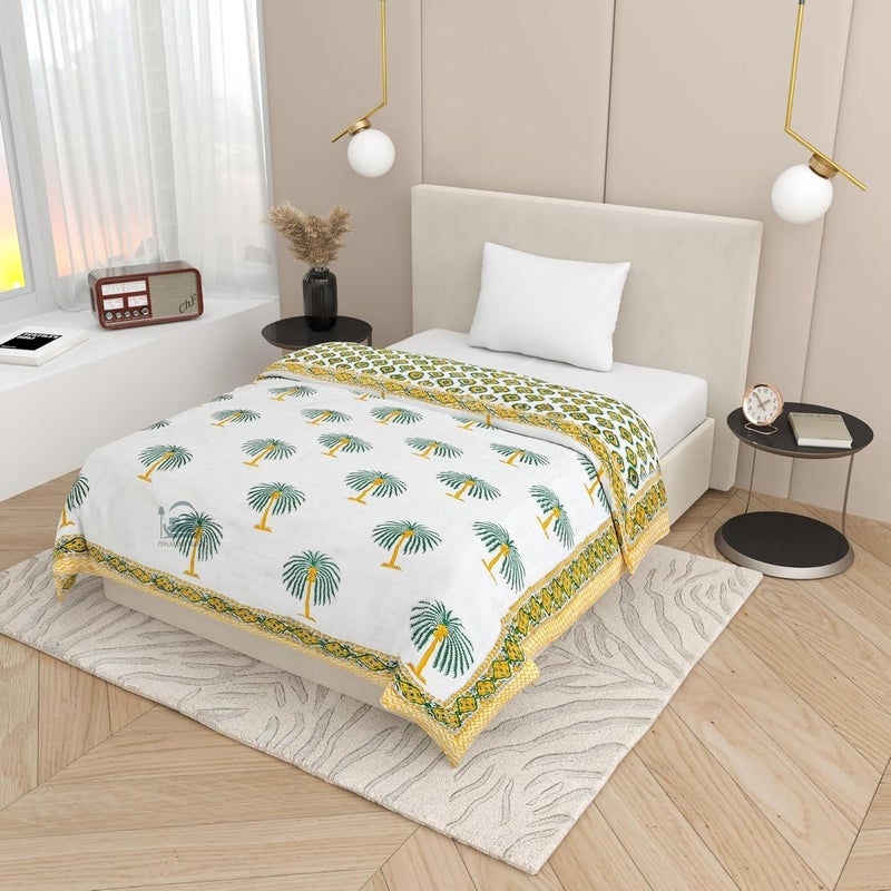 AARMOZY Pure Cotton Single Bed Hand Block Floral Buta Print Quilt Blanket YellowGreen 60x90 inche - Image 3
