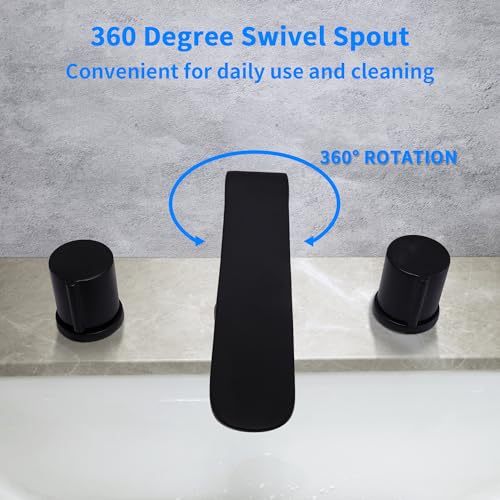SKOWLL Three Piece Bathroom Faucet 3 Holes Vanity Faucet Deck Mount Bath Faucet Widespread Restroom Sink Faucet with 360 Swivel Spout, Matte Black - Image 4