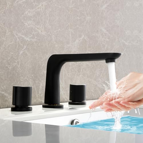 SKOWLL Three Piece Bathroom Faucet 3 Holes Vanity Faucet Deck Mount Bath Faucet Widespread Restroom Sink Faucet with 360 Swivel Spout, Matte Black - Image 3