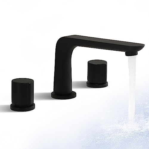 SKOWLL Three Piece Bathroom Faucet 3 Holes Vanity Faucet Deck Mount Bath Faucet Widespread Restroom Sink Faucet with 360 Swivel Spout, Matte Black - Image 1